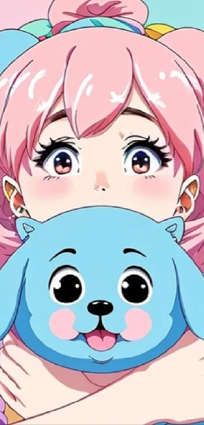 Anime girl with pink hair and blue plush in vibrant colors.