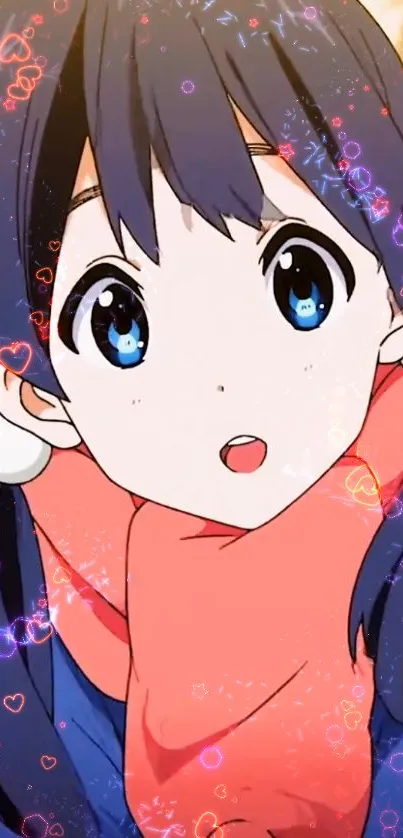 Anime girl with blue eyes and a pink scarf surrounded by glowing hearts.