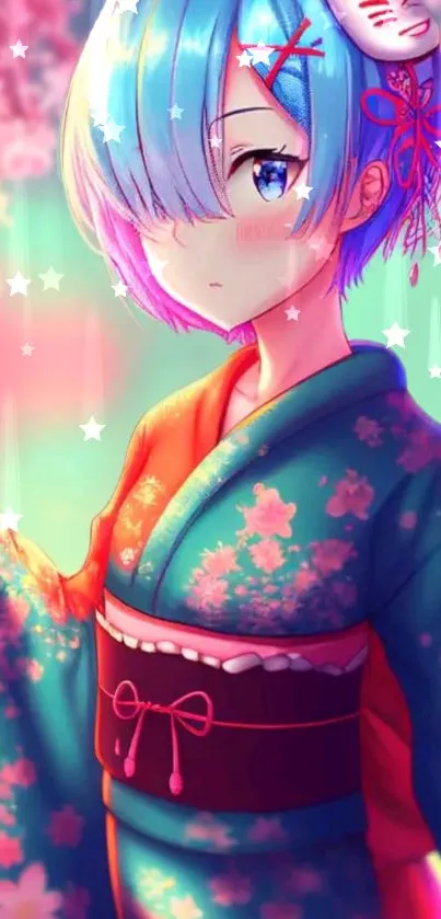 Anime girl with teal attire and blue hair in a floral background.