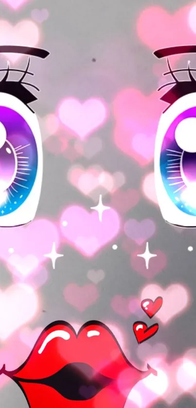 A colorful anime-inspired wallpaper with heart motifs and expressive eyes.