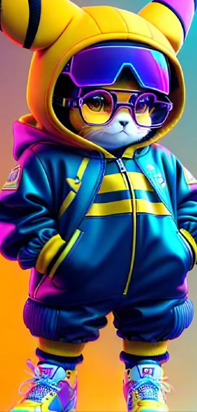 Anime character in a colorful hoodie with vivid glasses and sneakers.