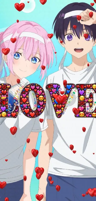 Anime couple with vibrant 'LOVE' text on bubbly background.