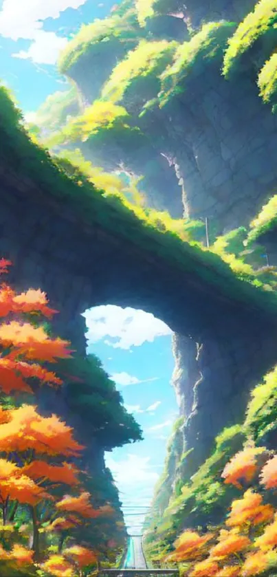 Anime landscape with vibrant foliage and bridge.