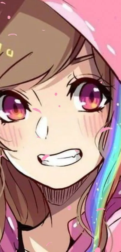 Anime portrait of a smiling character with pink hair and rainbow highlights.