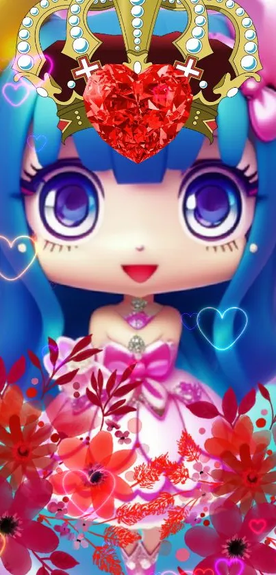 Cute anime princess with blue hair, colorful background.