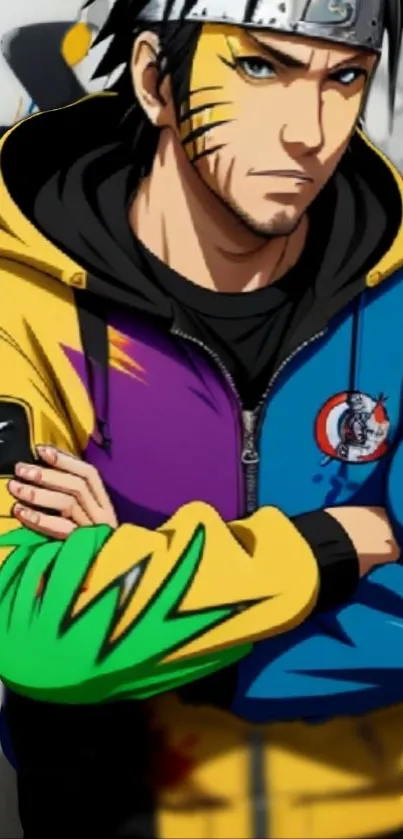 Anime character in colorful streetwear hoodie.