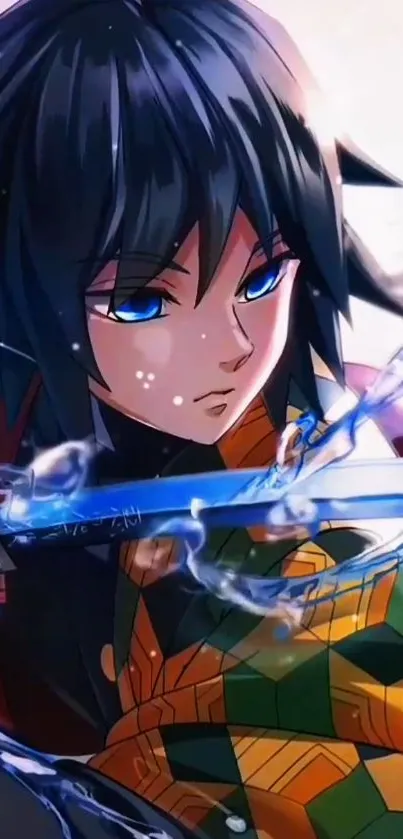 Anime character with blue sword and vibrant colors in a dynamic scene.