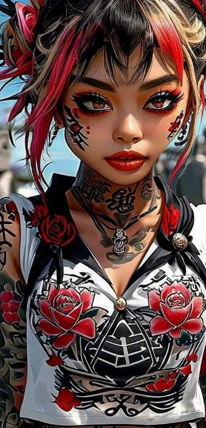 Tattooed anime character with red floral designs.