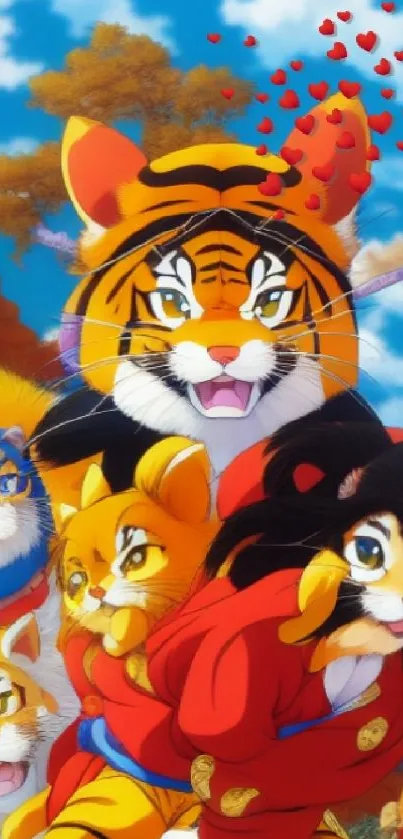 Colorful anime tiger family with vibrant background and playful atmosphere.