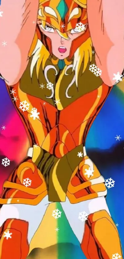 Vibrant anime warrior in colorful attire with snowflakes and a rainbow background.