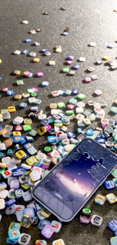 Colorful app icons scattered with cracked phone.