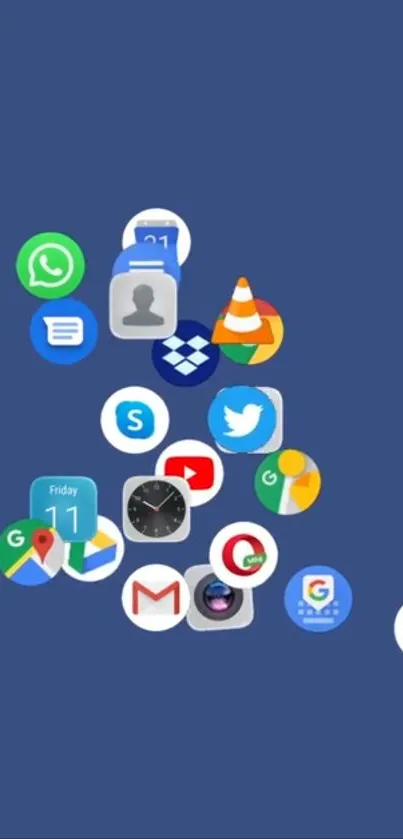 Mobile wallpaper with colorful app icons on a blue background.