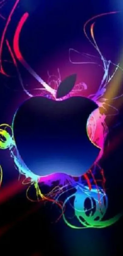 Colorful Apple logo with swirling neon colors on a dark blue background.