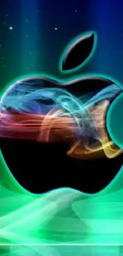 Colorful neon Apple logo with glowing effect on dark background.