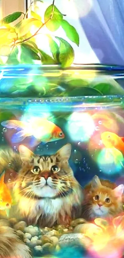 Curious cats in a colorful fishbowl with vibrant fish and leaves.