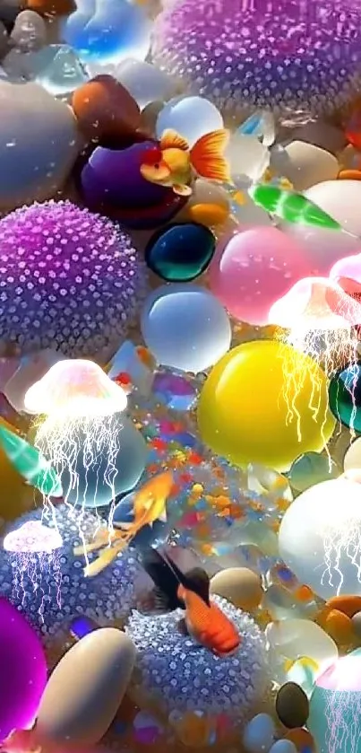 Colorful fantasy aquarium with jellyfish and fish in vibrant hues.