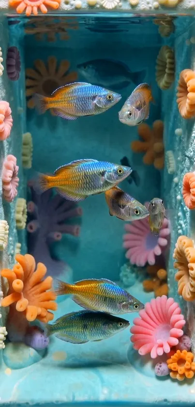 Colorful aquarium with vibrant fish and coral decorations.