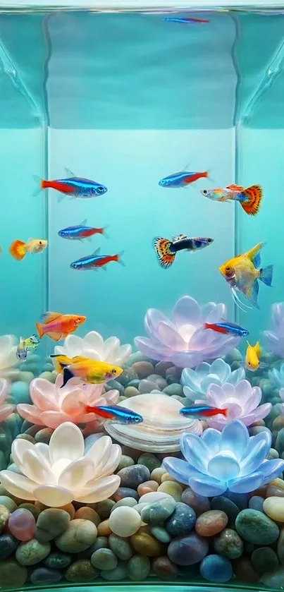 Colorful fish swim in an artistic aquarium with floating flowers.
