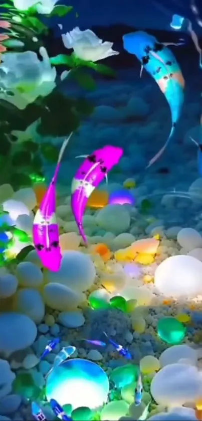 Vibrant aquarium with glowing, colorful fish and stones.