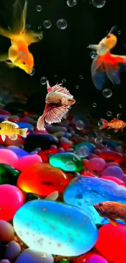 Colorful fish swim in a vibrant, pebble-filled underwater scene.