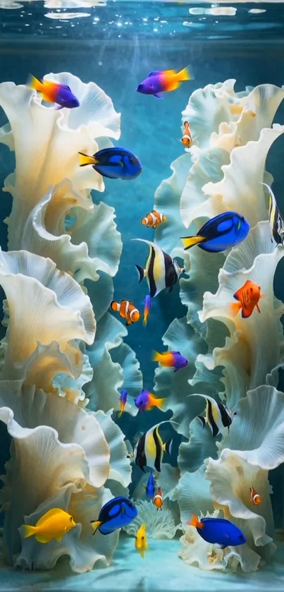 Vibrant aquarium wallpaper with colorful fish and coral.