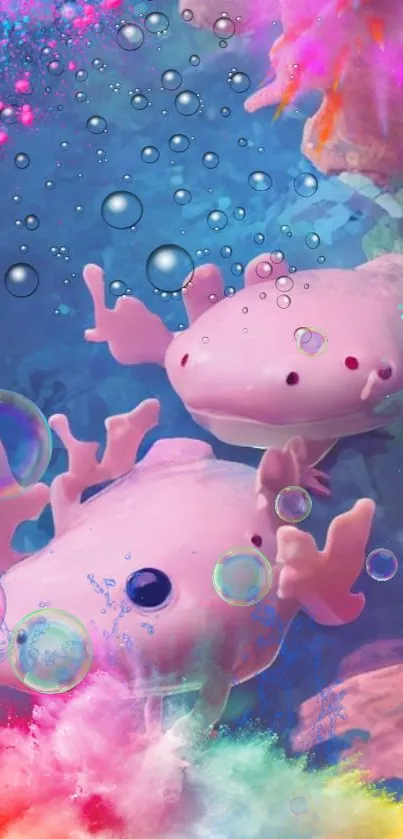 Vibrant axolotls surrounded by bubbles and colorful backgrounds.