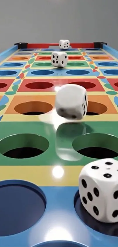 Colorful arcade game with rolling dice on a vibrant board.