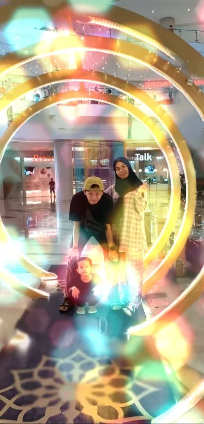 Family standing in colorful, glowing archway at a mall.