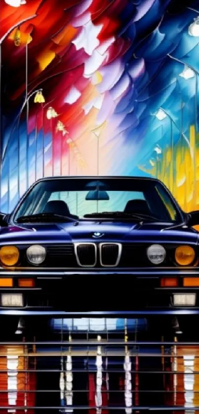 Vibrant car wallpaper with colorful abstract background and sleek design.