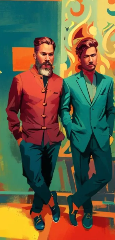 Vibrant, artistic wallpaper of two fashionable men with colorful backgrounds.