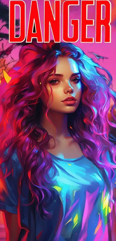 Vibrant digital illustration of a woman with colorful hair and a forest background.