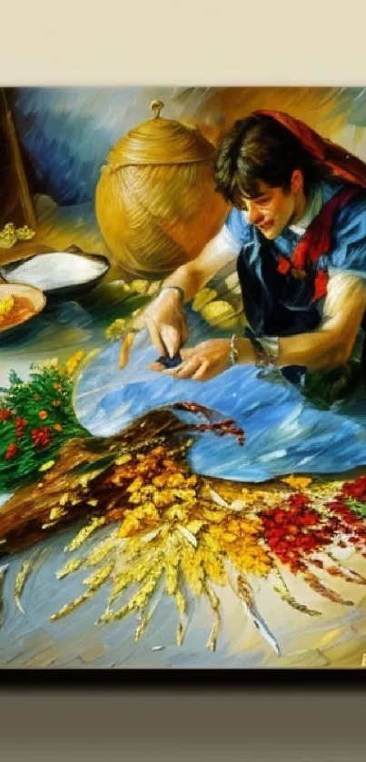 A detailed painting of an artisan creating traditional crafts with vibrant colors.