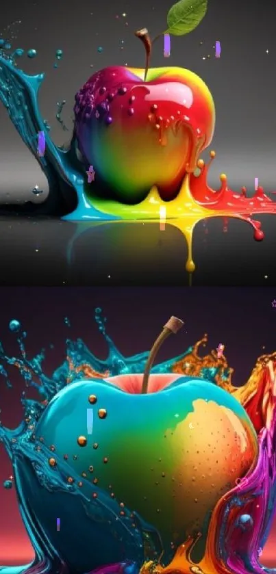 Vibrant colorful apple with artistic splash effects on dark background.