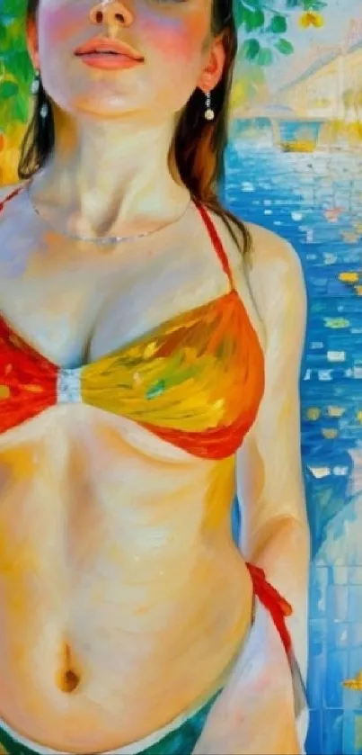 Artistic beach scene with colorful swimwear.