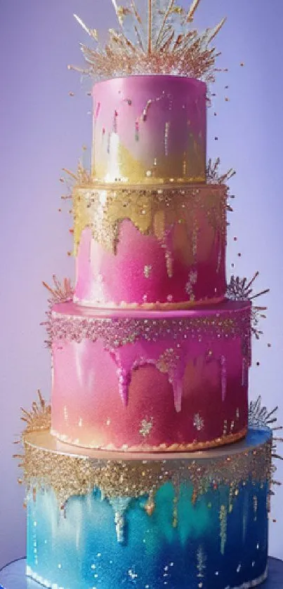 Vibrant multi-tier cake with purple, pink, and blue hues and gold accents.