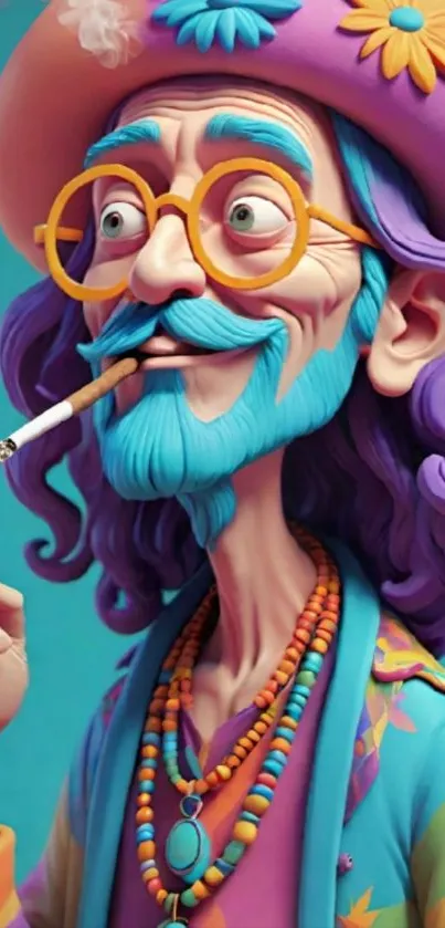 Colorful cartoon character with a vibrant outfit and smoking pipe.