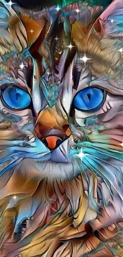 Vibrant abstract cat art wallpaper with blue eyes and colorful patterns.