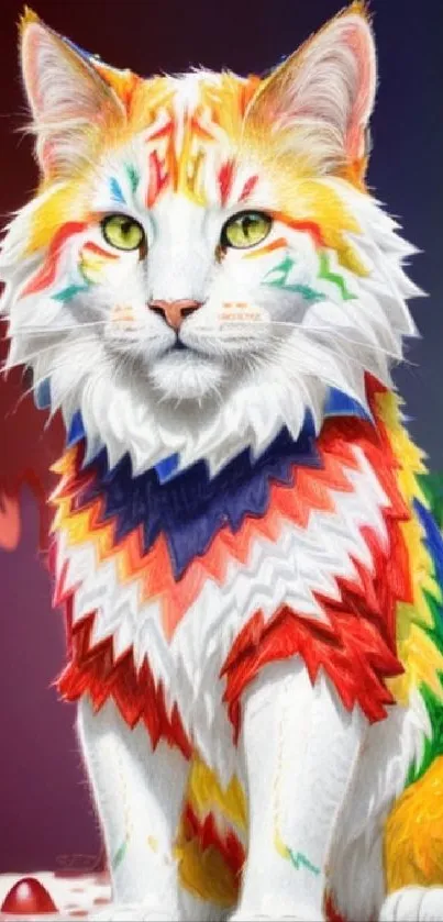 Vibrant rainbow cat on artistic mobile wallpaper.