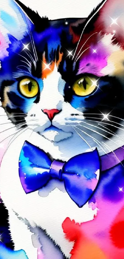 Watercolor cat with a blue bowtie and colorful splash background.