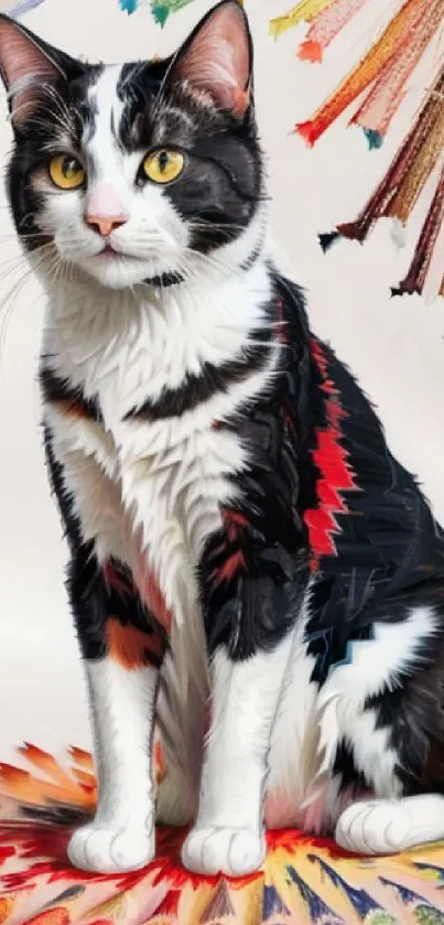 Colorful digital painting of a black-and-white cat with a pencil swirl background.