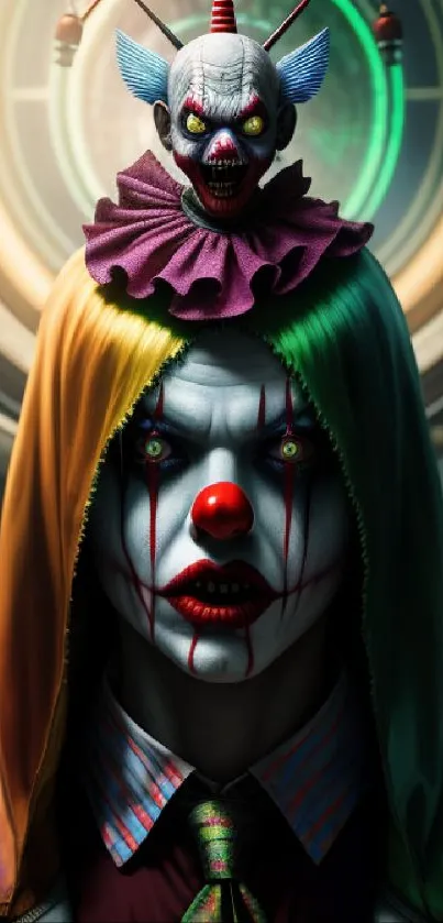 Vibrant portrait of a colorful and mysterious clown with vivid shades.