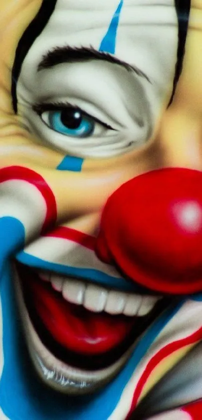 Colorful clown artwork with vibrant red background.