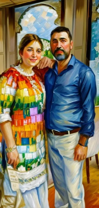 Colorful painted portrait of a couple in a vibrant setting.