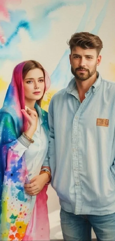 Artistic couple portrait against a vibrant watercolor background.