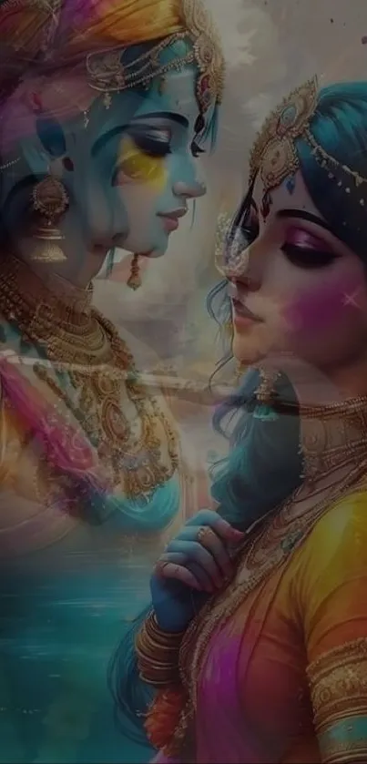 Colorful artistic portrait of a serene, traditional couple.