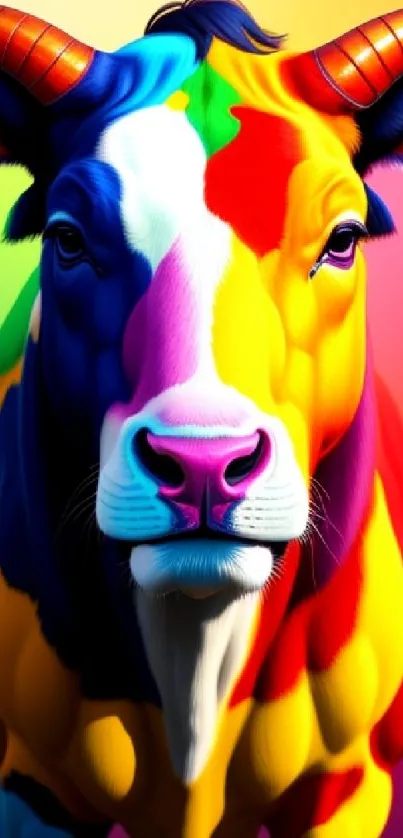 Colorful cow wallpaper with vibrant rainbow hues.