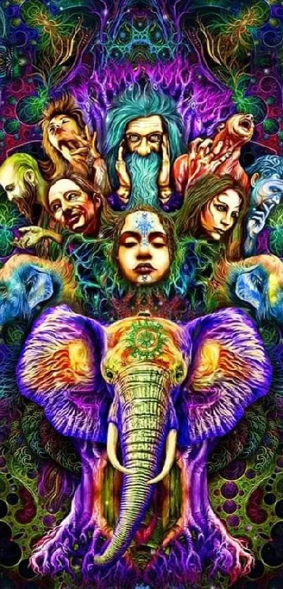 Psychedelic elephant with vibrant colors and intricate design on mobile wallpaper.