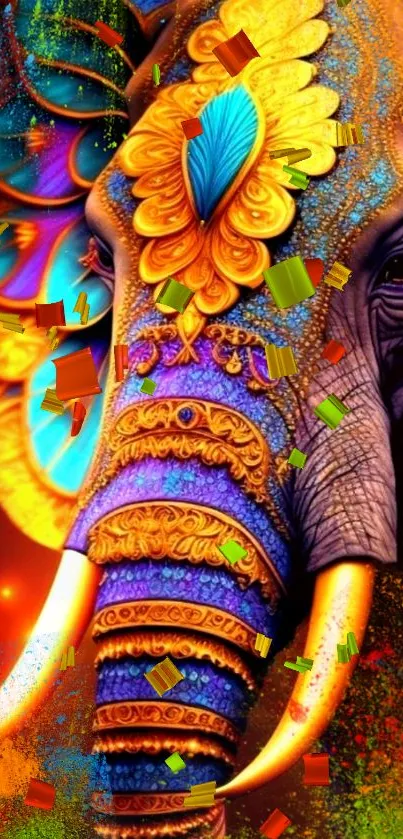 Artistic colorful elephant wallpaper with intricate patterns.
