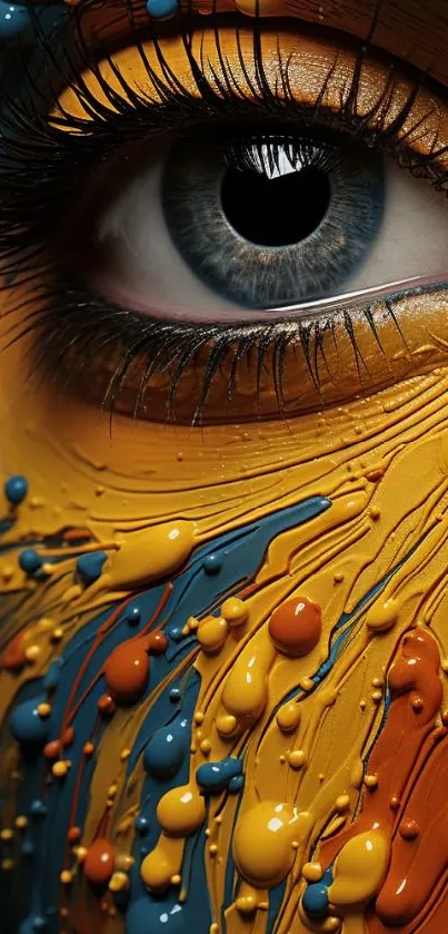 Close-up of an eye with colorful paint drips on face.