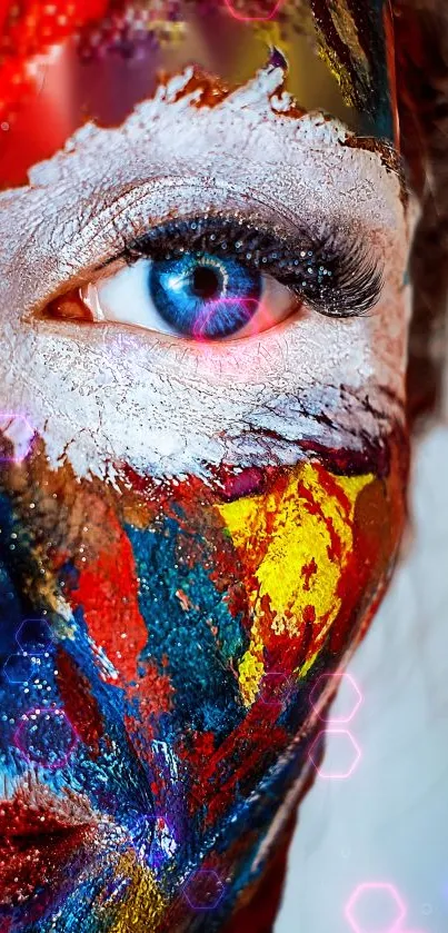 Close-up of a face with colorful paint and striking eye detail.